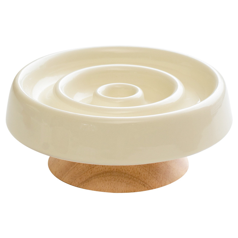 Circle Slow Feeder Cat Bowl - Elegant Ceramic and Oak Feeding Solution